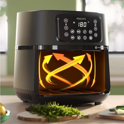 Taghareed Philips Airfryer 5000 Series XXL Connected HD9285/93, black, 7.2L capacity, digital display, Rapid Air technology for crispy food.