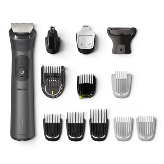 Taghareed Philips All-in-One Trimmer 7000 MG7920/15 with 13 attachments, including beard combs, body groomer, nose trimmer, and hair clippers.