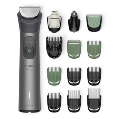 Taghareed Philips All-in-One Trimmer 7000 Series MG7922/15 with 13 attachments for beard, hair, and body grooming. Includes various combs and heads.