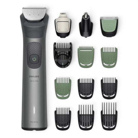Taghareed Philips All-in-One Trimmer 7000 Series MG7922/15 with 13 attachments for beard, hair, and body grooming. Includes various combs and heads.