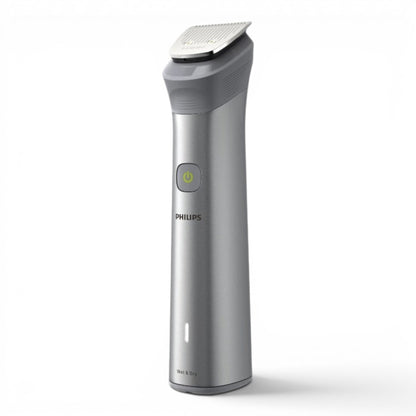 Taghareed Philips All-in-One Trimmer Series 5000 MG5923/15, silver metal body, 12 attachments for beard, hair, body, and nose/ear trimming.