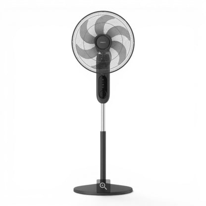 Taghareed Philips Ares 1000 Series pedestal fan, black, with 3 speeds, oscillation, timer, and aroma diffuser. Remote controlled.