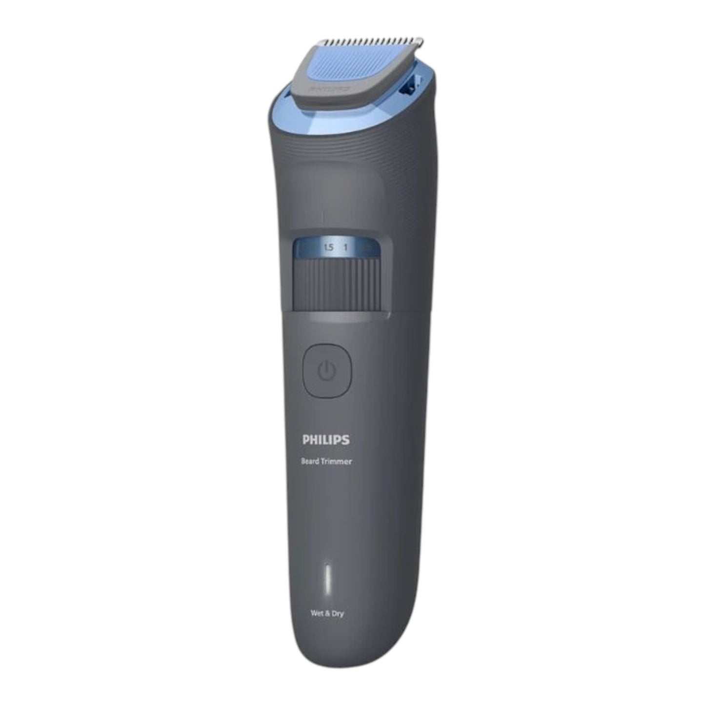 Taghareed Philips Beard Trimmer Series 3000 BT3617/15, gray with blue accents, 20 length settings, wet & dry use, USB-A charging.