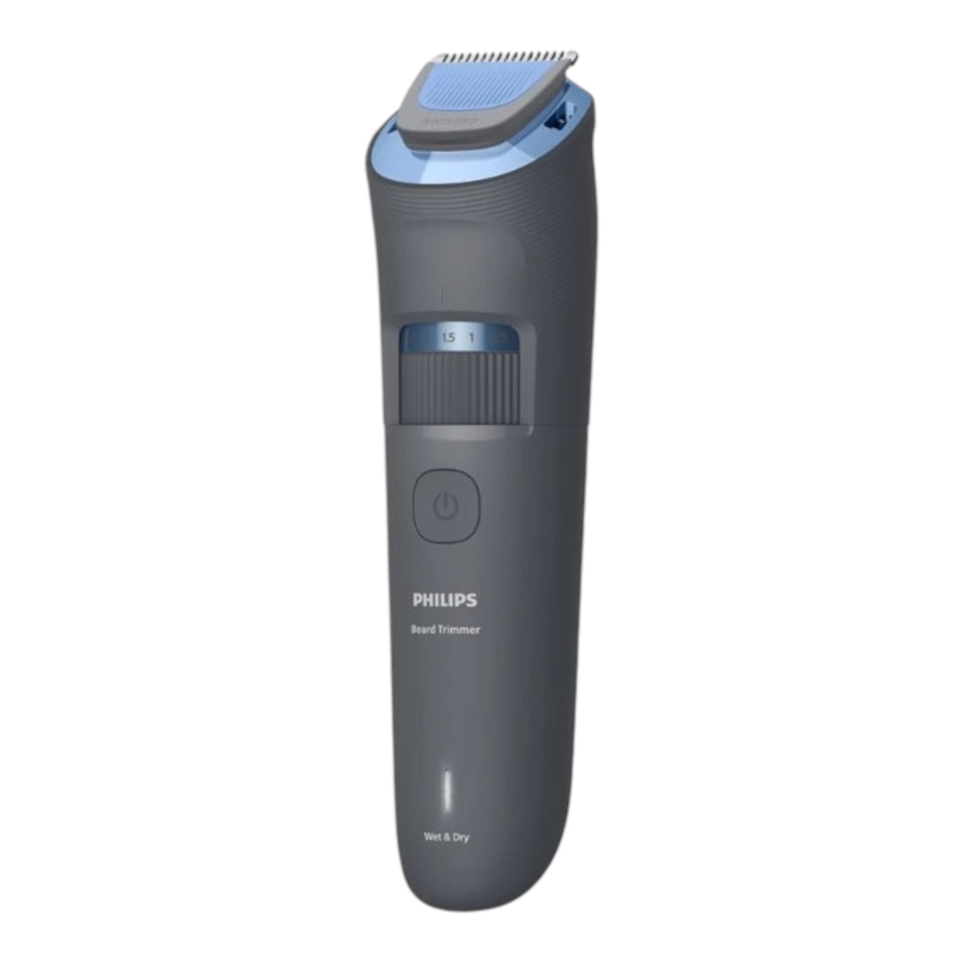 Taghareed Philips Beard Trimmer Series 3000 BT3617/15, gray with blue accents, 20 length settings, wet & dry use, USB-A charging.