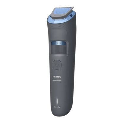Taghareed Philips Beard Trimmer Series 3000 BT3617/15, gray with blue accents, 20 length settings, wet & dry use, USB-A charging.
