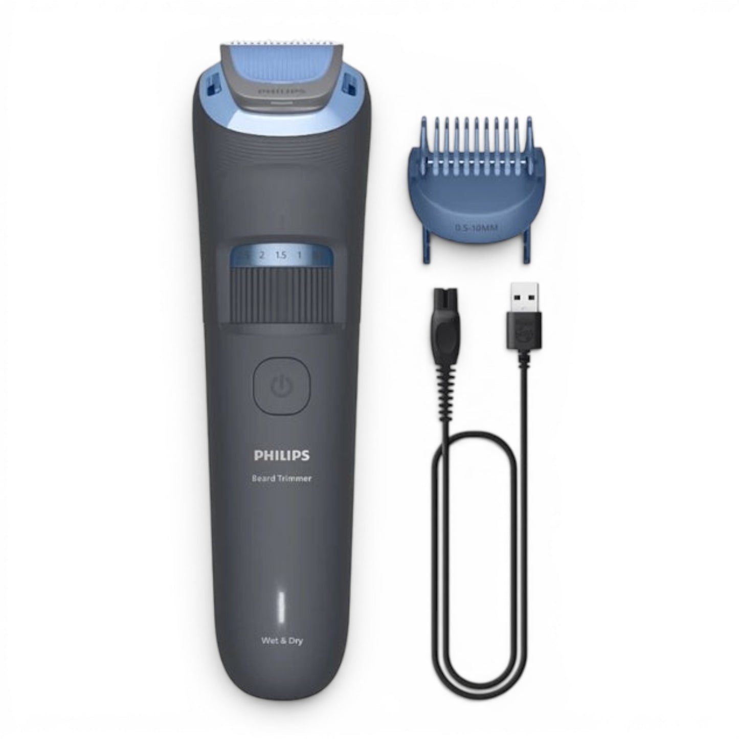 Taghareed Philips Beard Trimmer Series 3000 BT3617/15, grey with blue accents, includes comb, USB-A charging cable. Wet & Dry use.