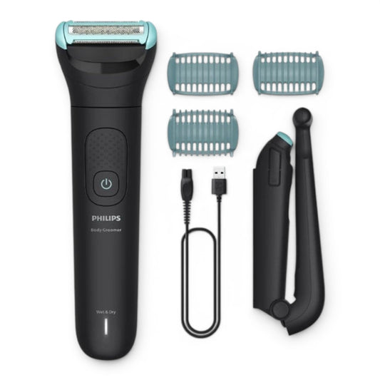 Taghareed Philips Body Groomer 5000 Series BG5475/15, black, with 3 trimming combs, USB charging cable, and back attachment.