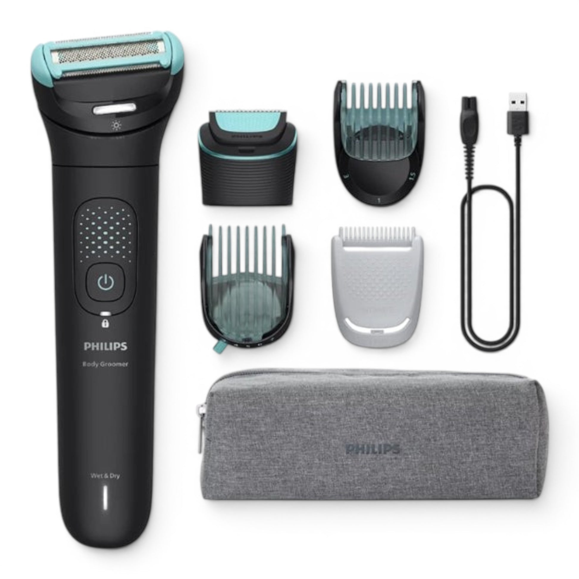 Taghareed Philips Body Groomer 7000 Series BG7470/15, black with teal accents, includes trimmer, guards, USB cable, and pouch. Wet & Dry use.