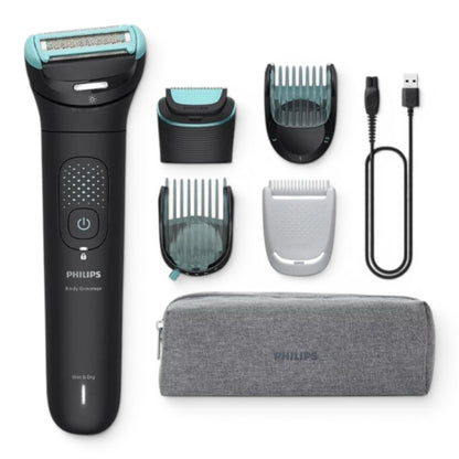 Taghareed Philips Body Groomer 7000 Series BG7470/15, black with teal accents, includes trimmer, guards, USB cable, and pouch. Wet & Dry use.