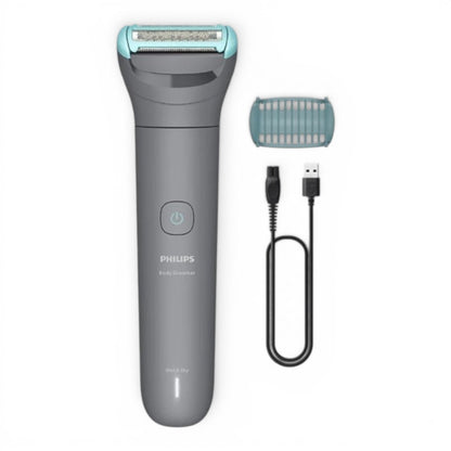 Taghareed Philips Body Groomer 3000 Series BG3470/15, grey with teal accents, wet & dry, includes 2mm comb and USB charging cable.