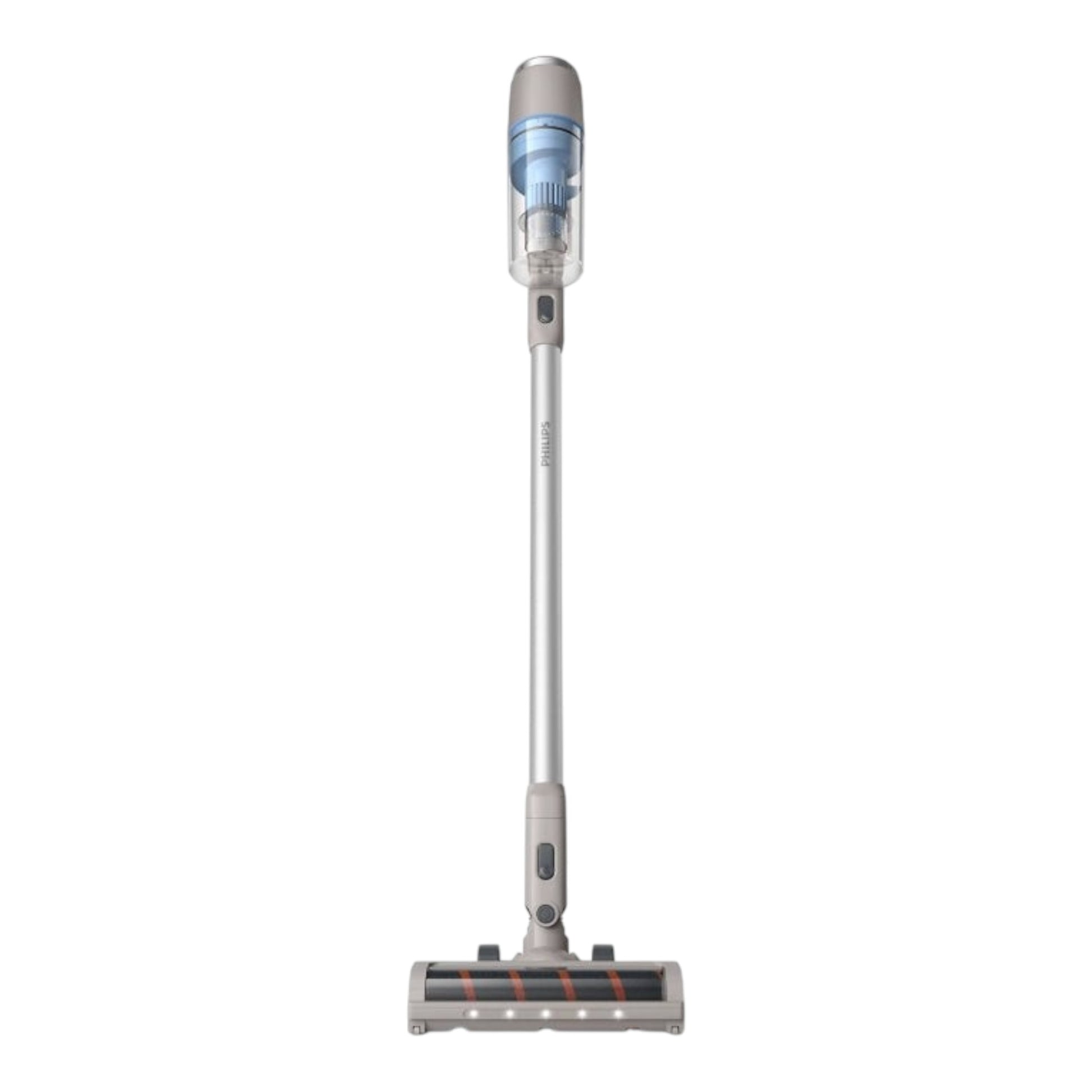 Taghareed Philips 2000 Series cordless vacuum cleaner, silver and blue, with LED floor nozzle and dustbin.