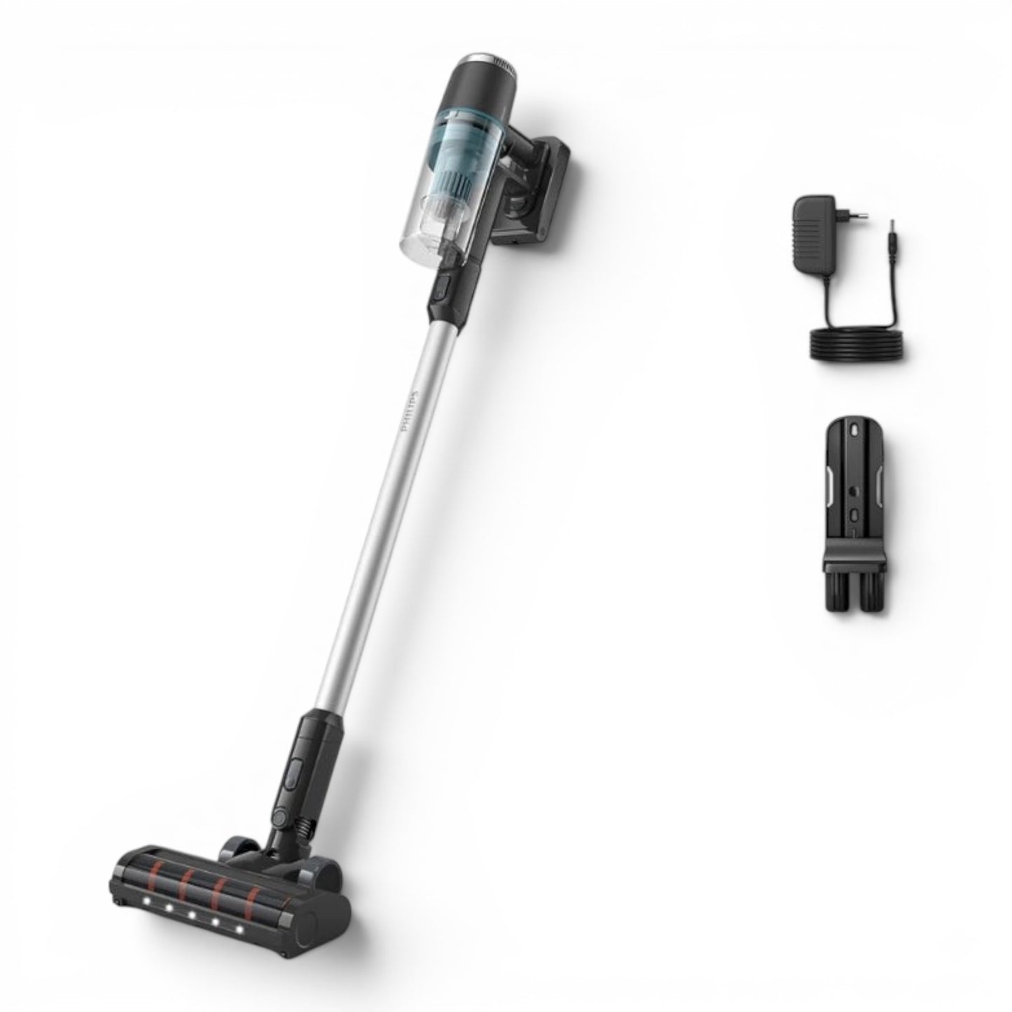 Taghareed Philips 3000 Series Cordless Vacuum XC3031/61, black and silver, with LED nozzle and 25.2V battery.