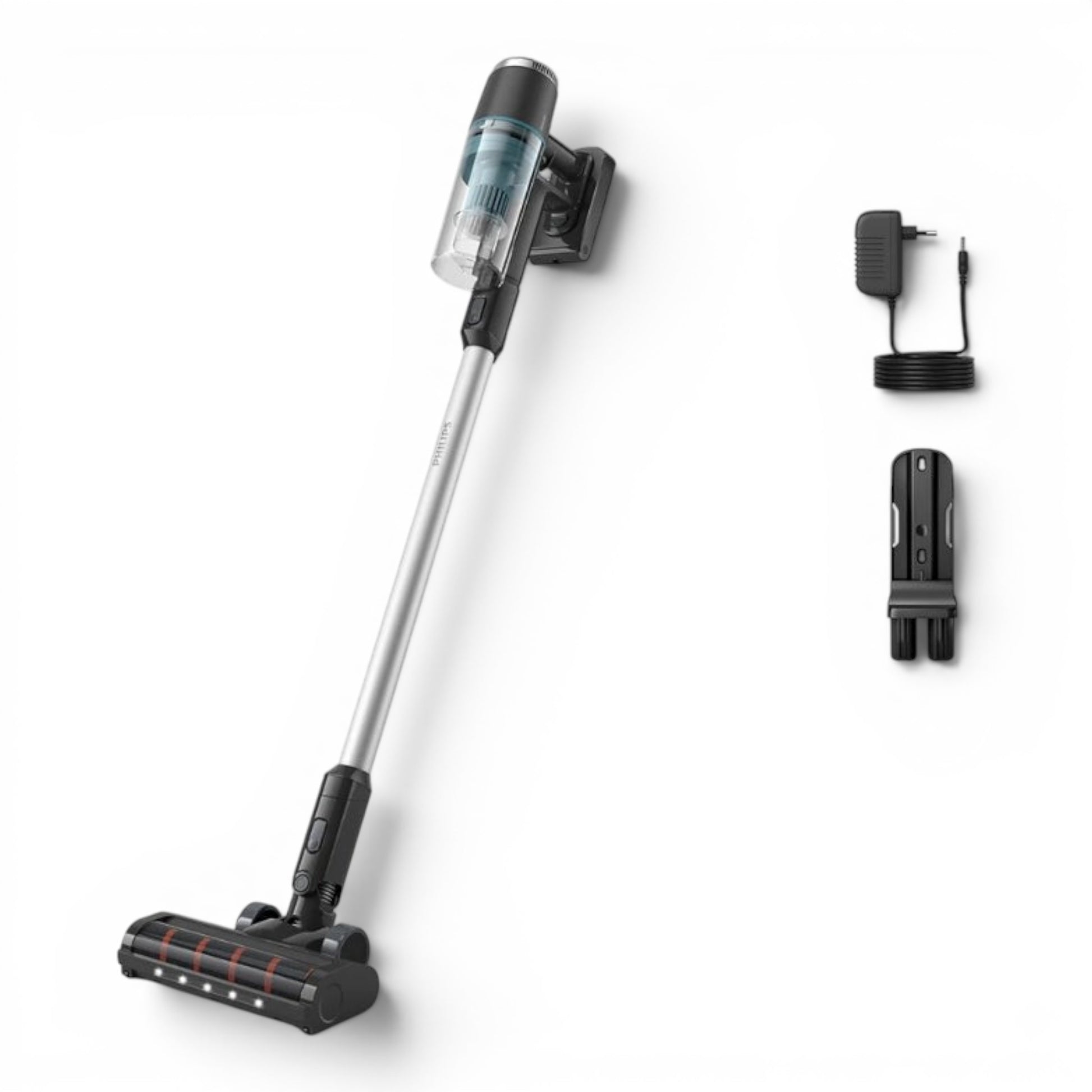 Taghareed Philips 3000 Series Cordless Vacuum XC3031/61, black and silver, with LED nozzle and 25.2V battery.