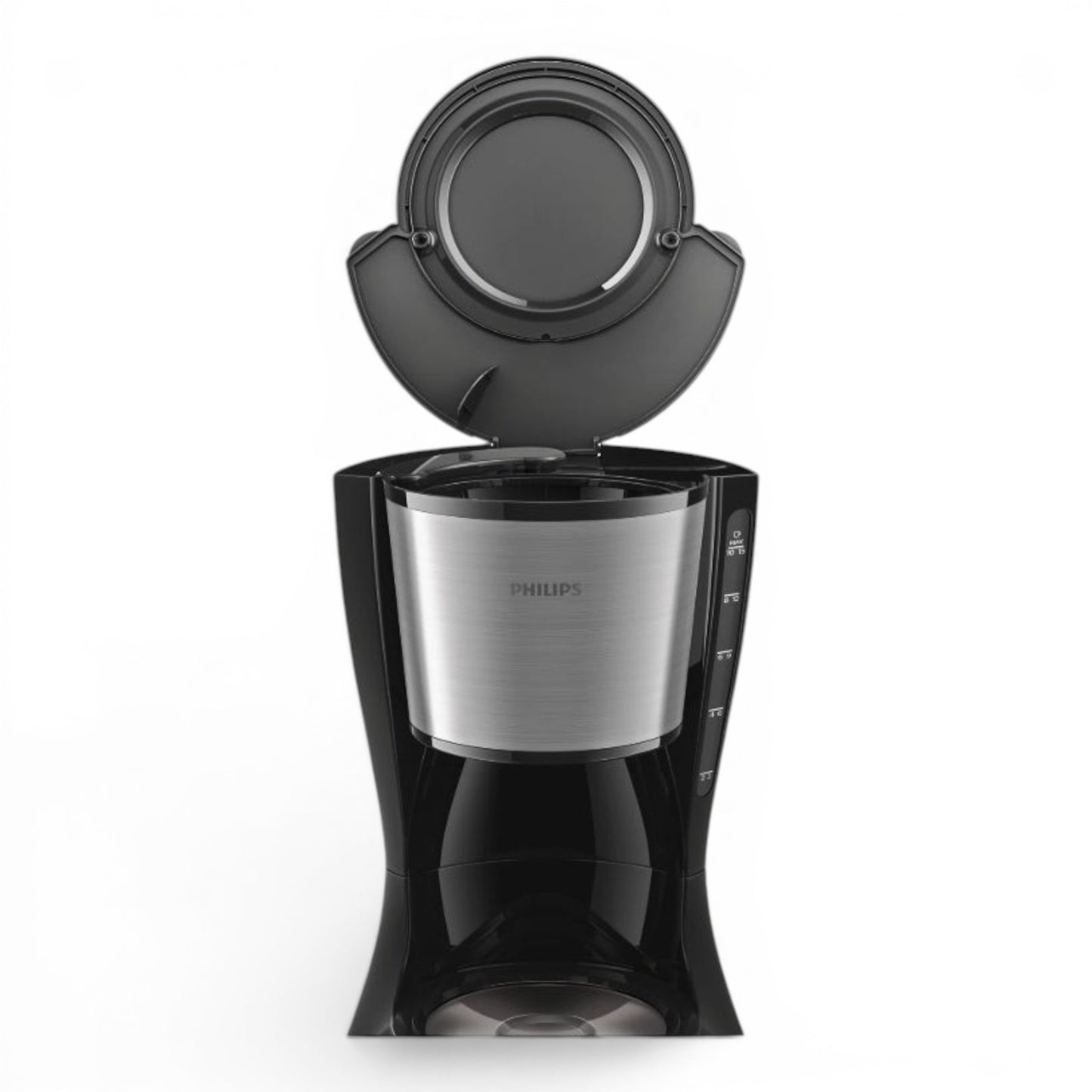 Taghareed Philips Daily Collection black coffee maker with brushed metal filter holder, 1.2L capacity, Drip Stop, auto-off.