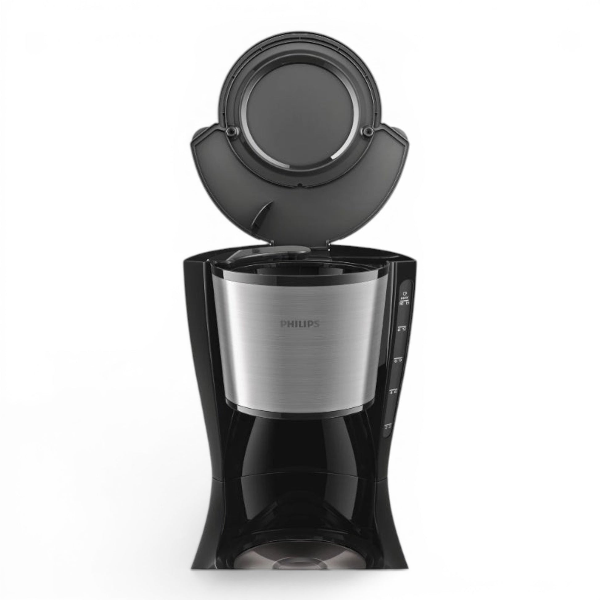 Taghareed Philips Daily Collection black coffee maker with brushed metal filter holder, 1.2L capacity, Drip Stop, auto-off.