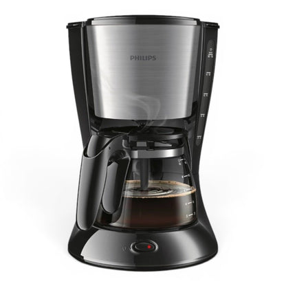 Taghareed Philips Daily Collection coffee maker, black plastic and brushed metal, 1.2L capacity, 15 cups, Aroma Twister technology, Drip Stop, auto shut-off.