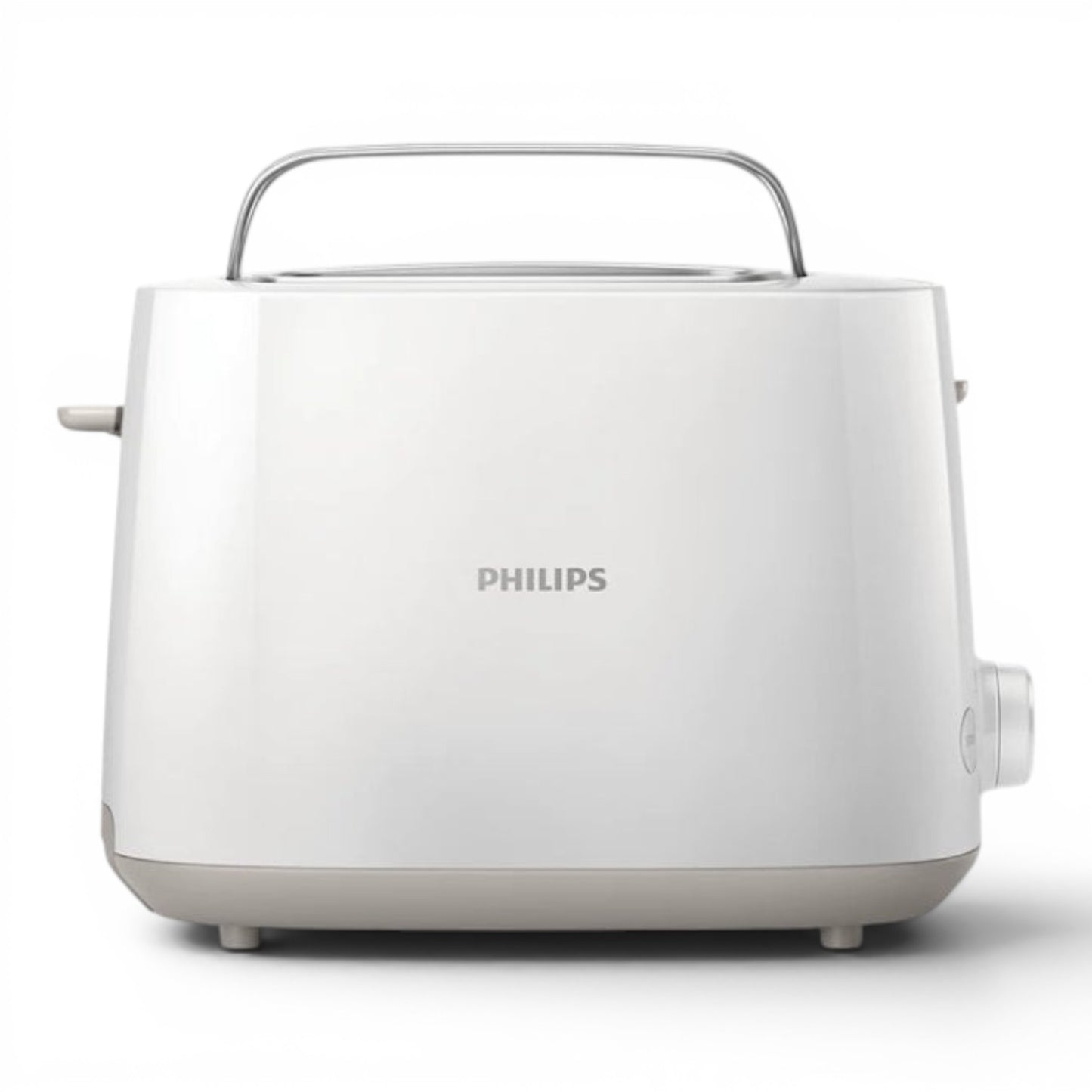 Taghareed Philips Daily Collection white 2-slice toaster with adjustable browning and bun rack.