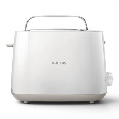Taghareed Philips Daily Collection white 2-slice toaster with adjustable browning and bun rack.