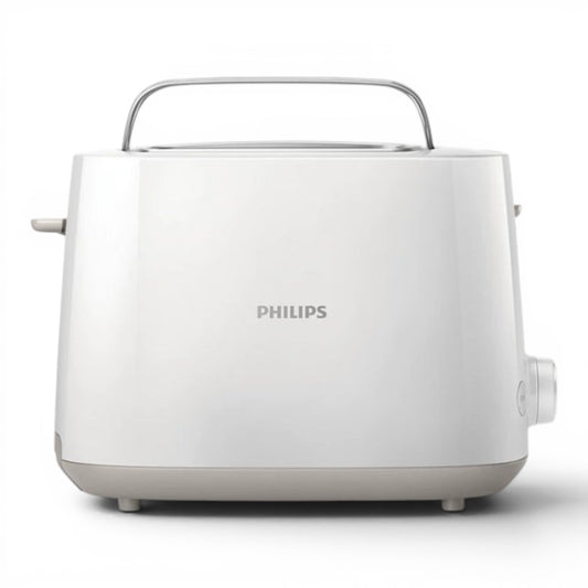 Taghareed Philips Daily Collection white 2-slice toaster with adjustable browning and bun rack.
