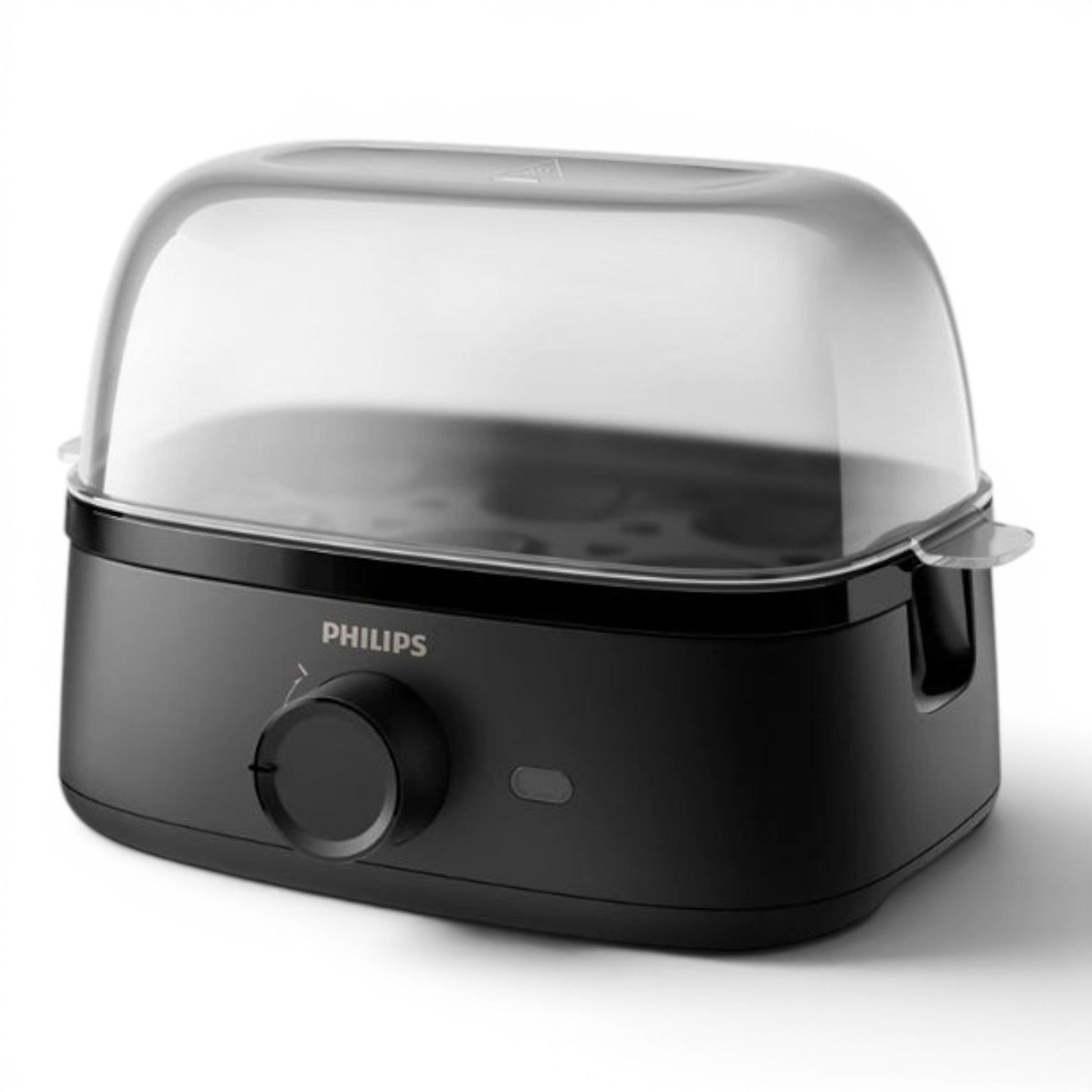 Taghareed Philips 3000 Series HD9137/91 black egg cooker with clear lid, steams up to 6 eggs or 3 poached eggs.
