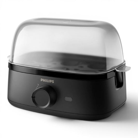 Taghareed Philips 3000 Series HD9137/91 black egg cooker with clear lid, steams up to 6 eggs or 3 poached eggs.