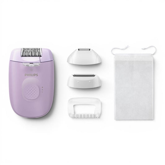 Taghareed Philips Epilator Series 4000 BRE257/00, purple, with shaver head, trimmer comb, massage cap, bikini head, and storage pouch.