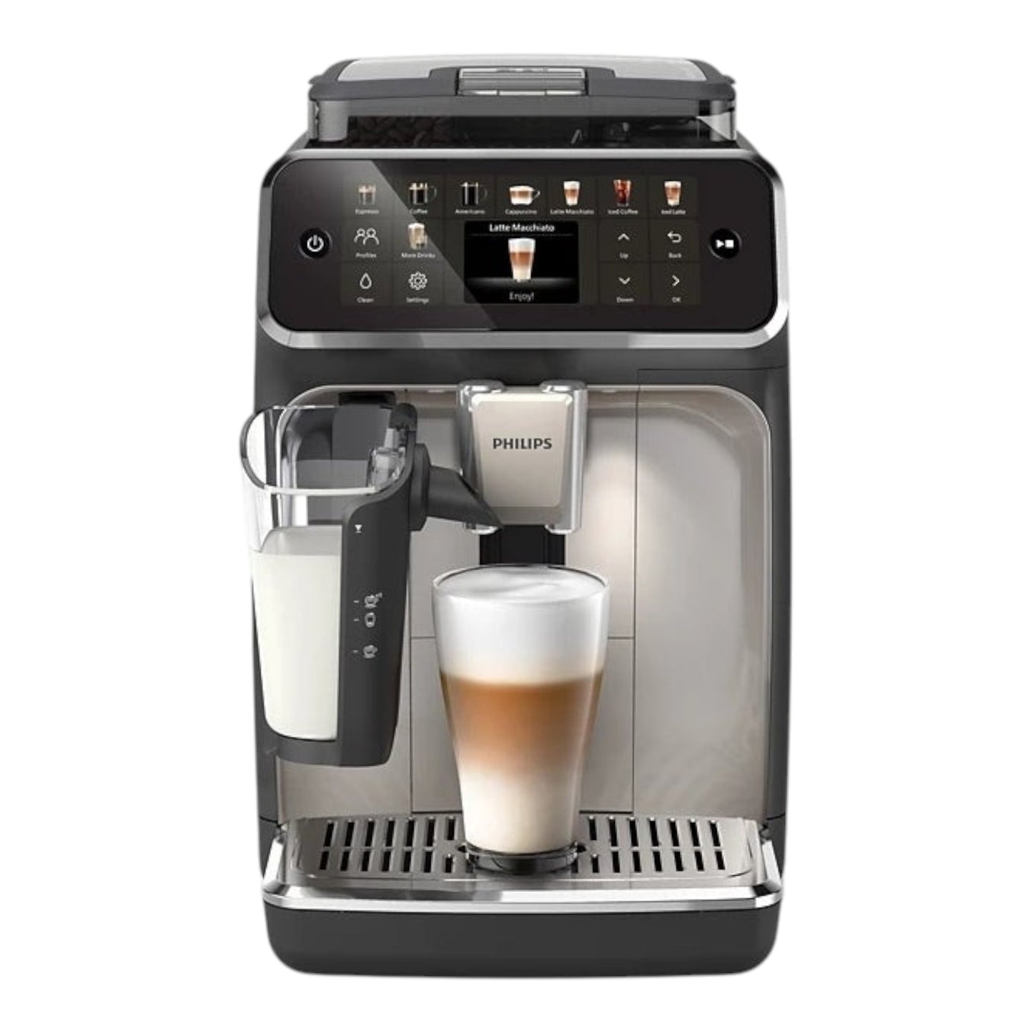 Taghareed Philips 5500 Series fully automatic espresso machine with LatteGo system, 20 drink options, TFT display, and ceramic grinder.
