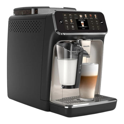 Taghareed Philips 5500 Series fully automatic espresso machine with LatteGo system, making a latte macchiato.