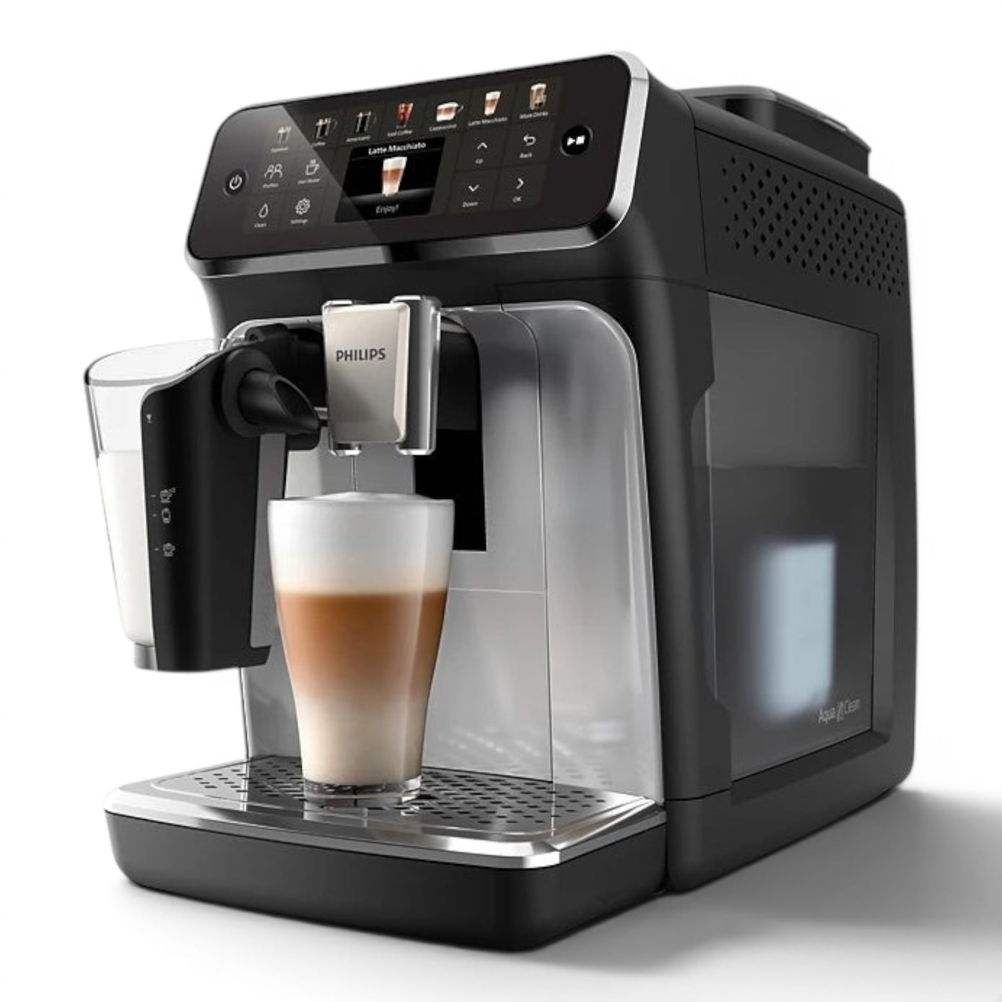 Taghareed Philips 4400 Series fully automatic espresso machine with LatteGo system, making a latte macchiato.