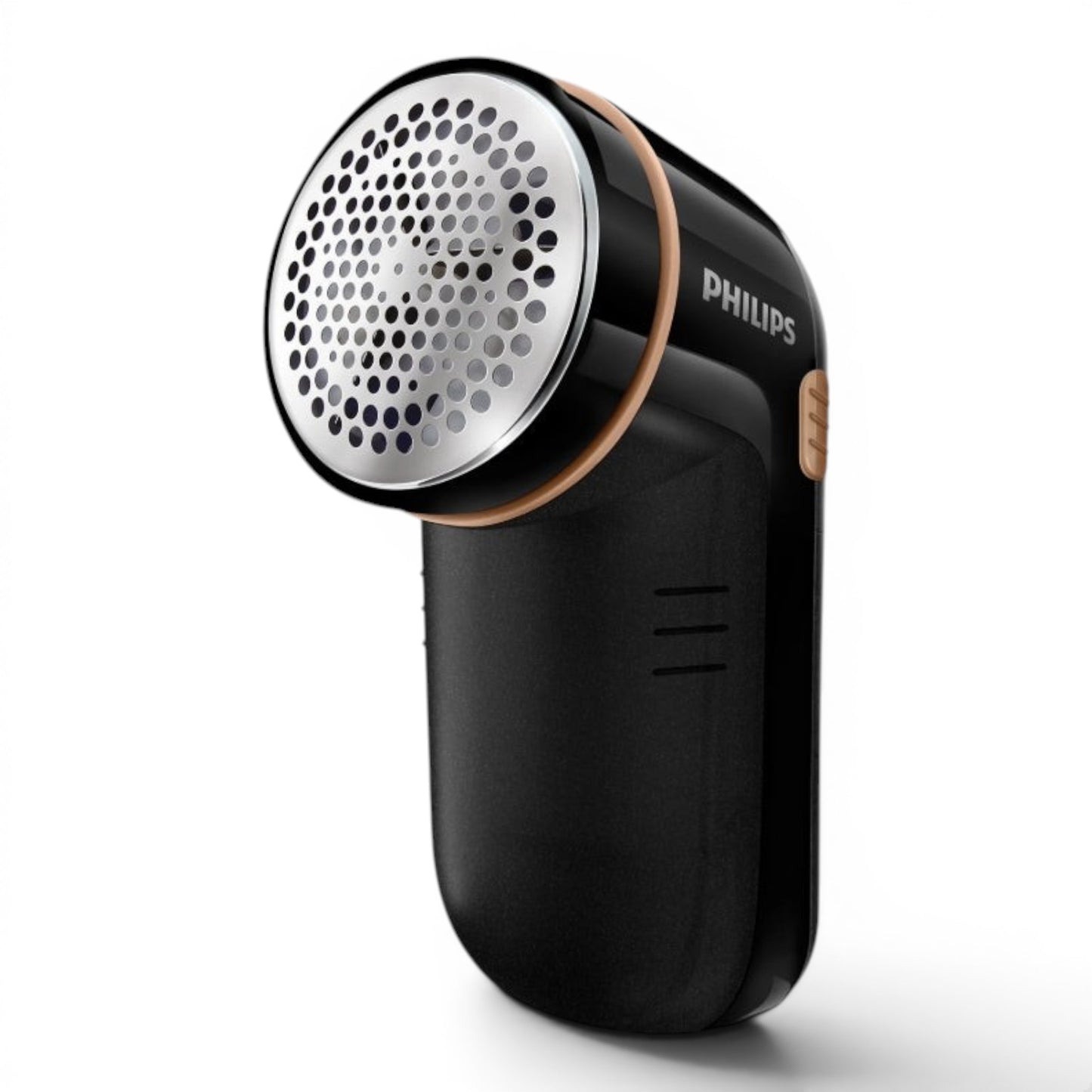 Taghareed Philips fabric shaver GC026/80, black with a large silver shaving head and rose gold trim. Ideal for removing lint and pills from clothing.