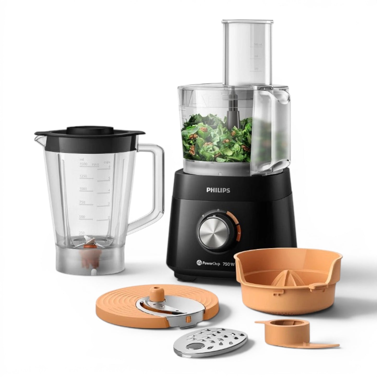 Taghareed Philips 5000 Series black food processor with 750W motor, 1.5L bowl, and 6 accessories including blender, citrus press, and chopping discs.