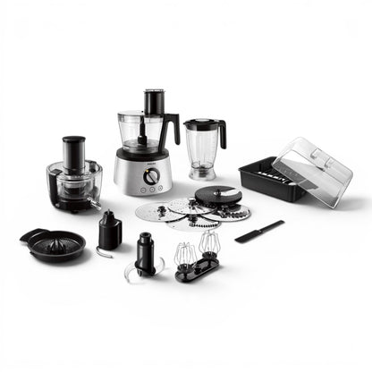 Taghareed Philips 7000 Series Food Processor HR7778/01 with 1300W motor, 3.4L bowl, blender, and multiple accessories.