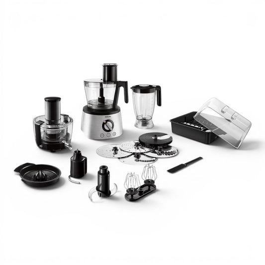 Taghareed Philips 7000 Series Food Processor HR7778/01 with 1300W motor, 3.4L bowl, blender, and multiple accessories.