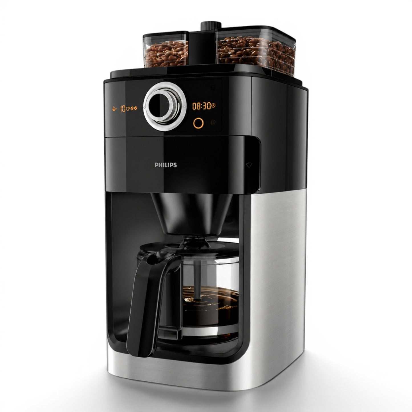 Taghareed Philips Grind & Brew coffee maker with built-in grinder and dual bean container, black and silver