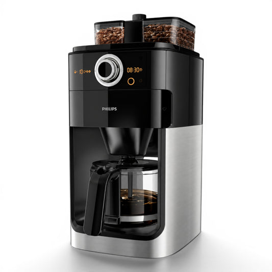 Taghareed Philips Grind & Brew coffee maker with built-in grinder and dual bean container, black and silver