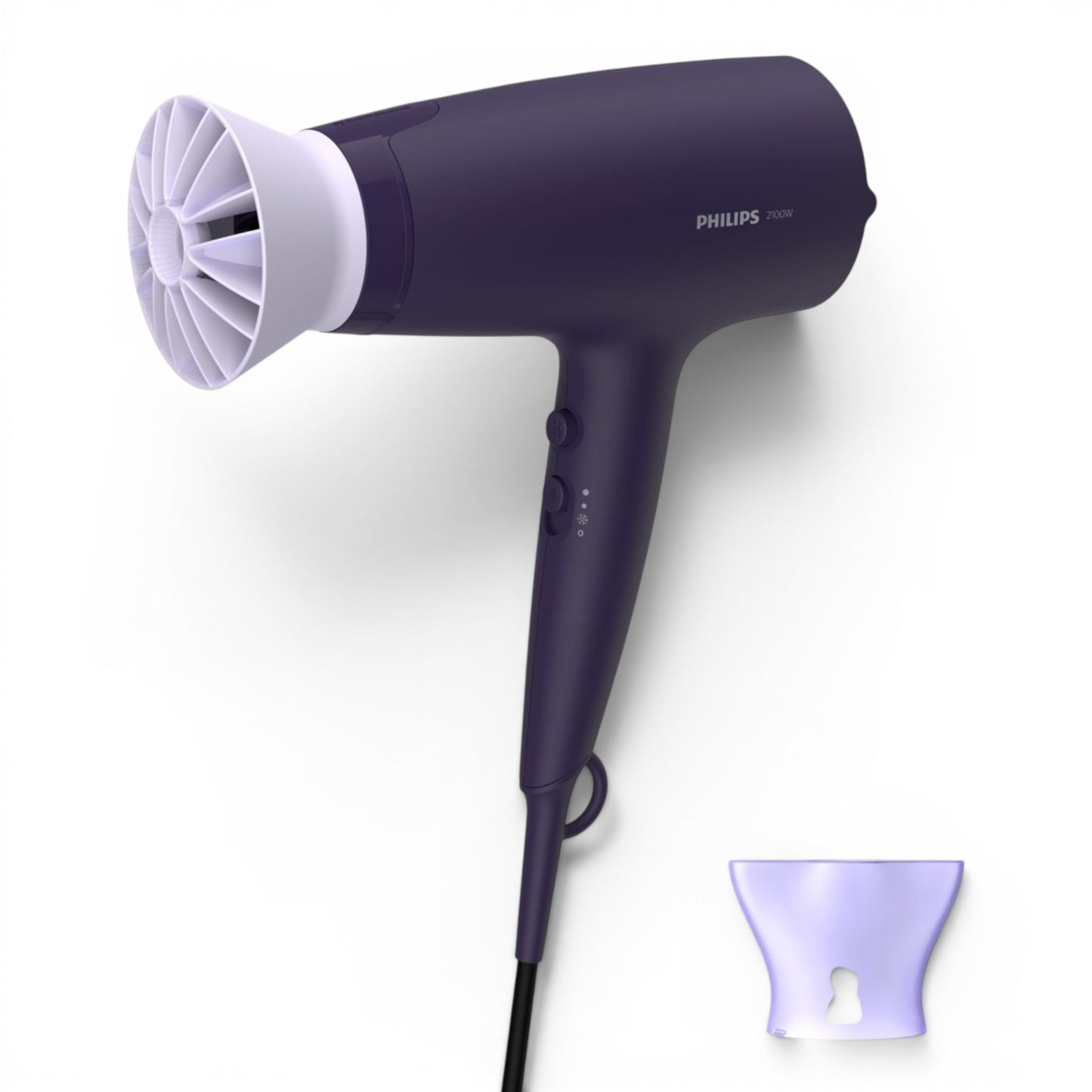 Taghareed Philips 3000 Series purple hair dryer with ThermoProtect attachment and 6 heat/speed settings.