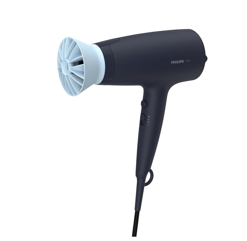 Taghareed Philips 3000 Series dark blue hair dryer with ThermoProtect attachment and 6 heat/speed settings.