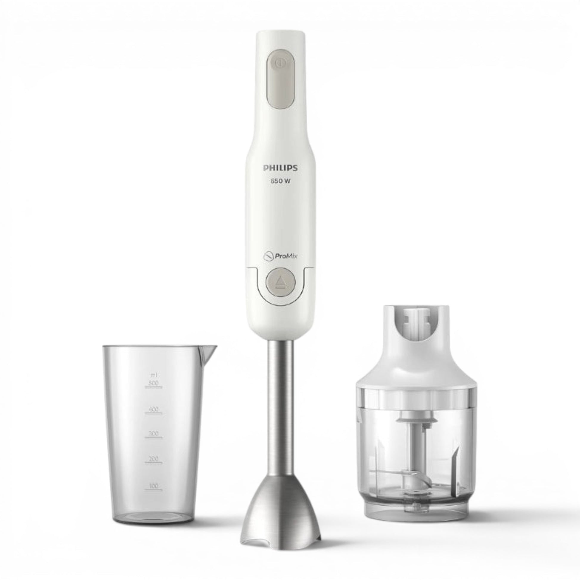 Taghareed Philips white 650W ProMix hand blender with stainless steel shaft, beaker, and chopper attachment.