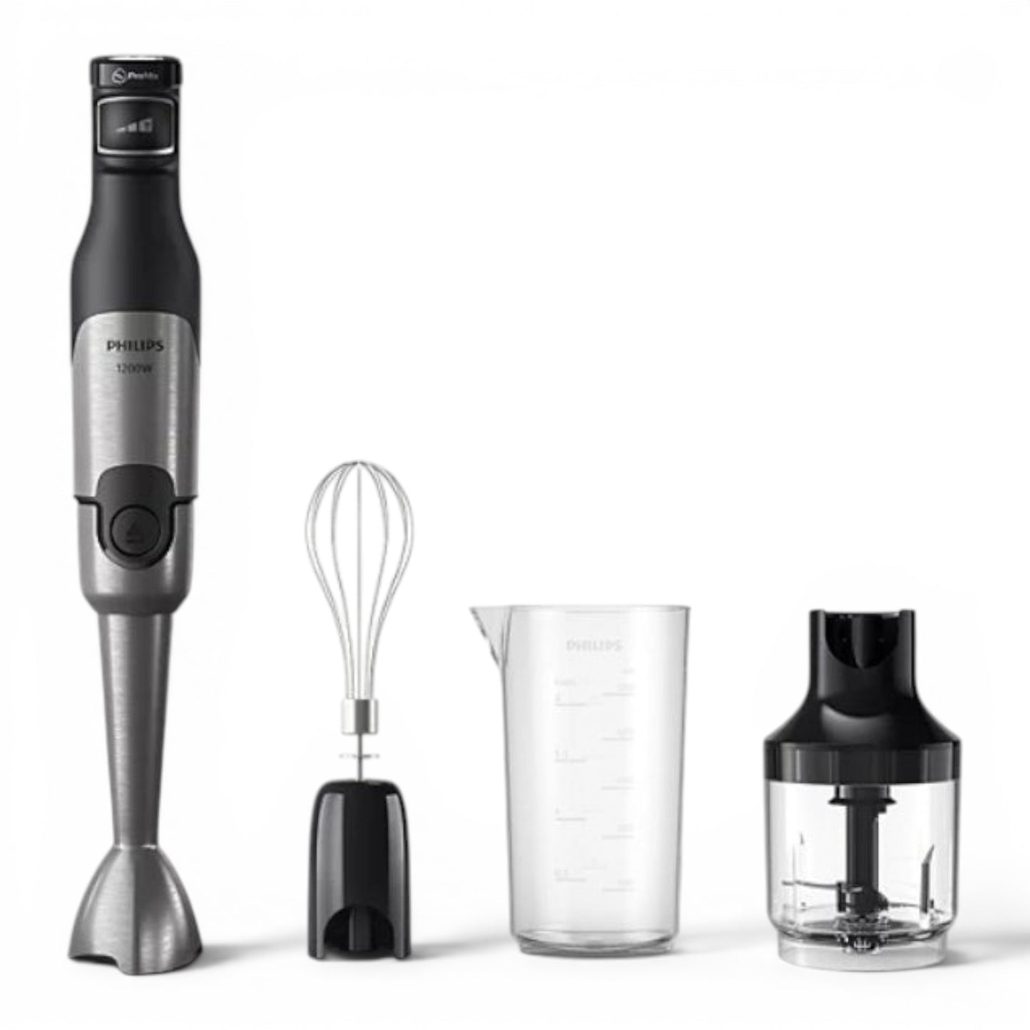Taghareed Philips 5000 Series hand blender in silver and black, with whisk, beaker, and chopper attachments.