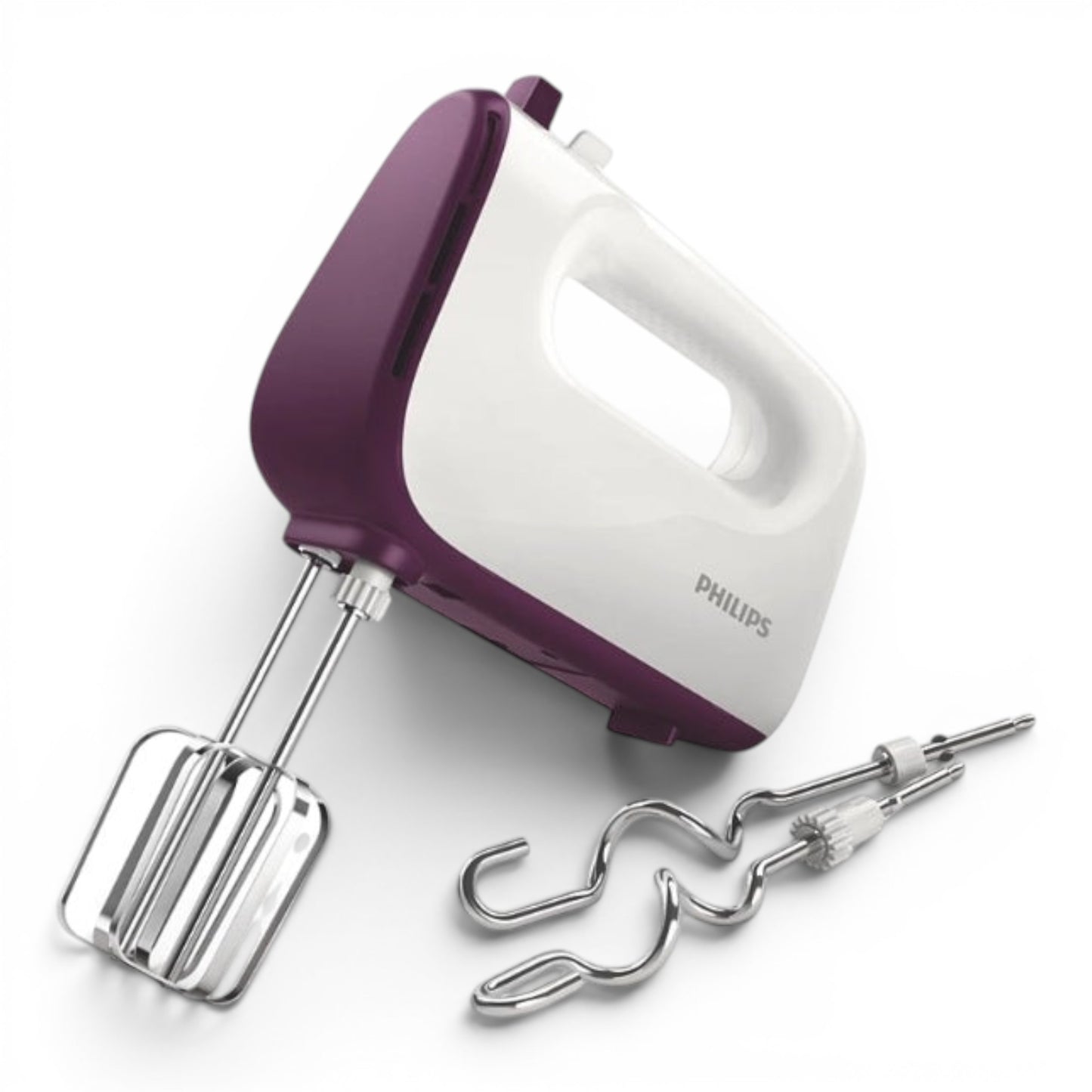 Taghareed Philips Viva Collection hand mixer in white and purple with stainless steel beaters and dough hooks. 400W motor, 5 speeds + Turbo.