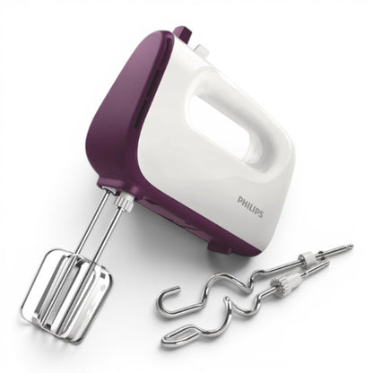 Taghareed Philips Viva Collection hand mixer in white and purple with stainless steel beaters and dough hooks. 400W motor, 5 speeds + Turbo.
