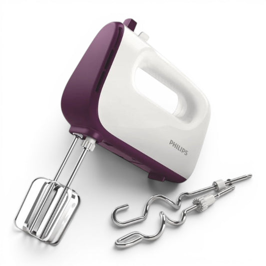 Taghareed Philips Viva Collection hand mixer in white and purple with stainless steel beaters and dough hooks. 400W motor, 5 speeds + Turbo.