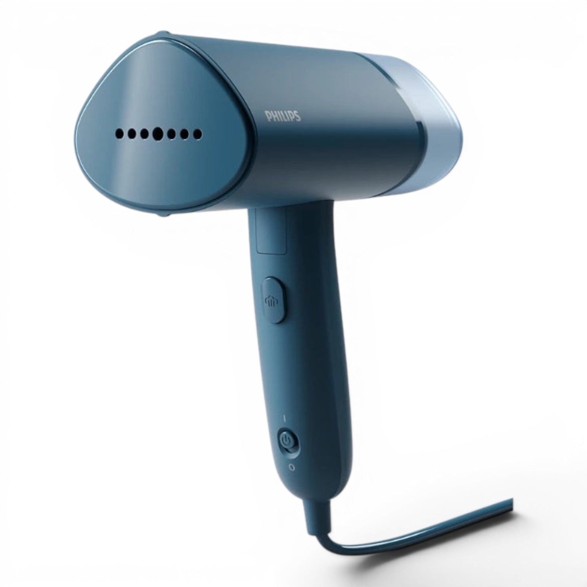 Taghareed Philips 3000 Series handheld garment steamer in teal blue, compact and foldable design for quick wrinkle removal and fabric refreshing.