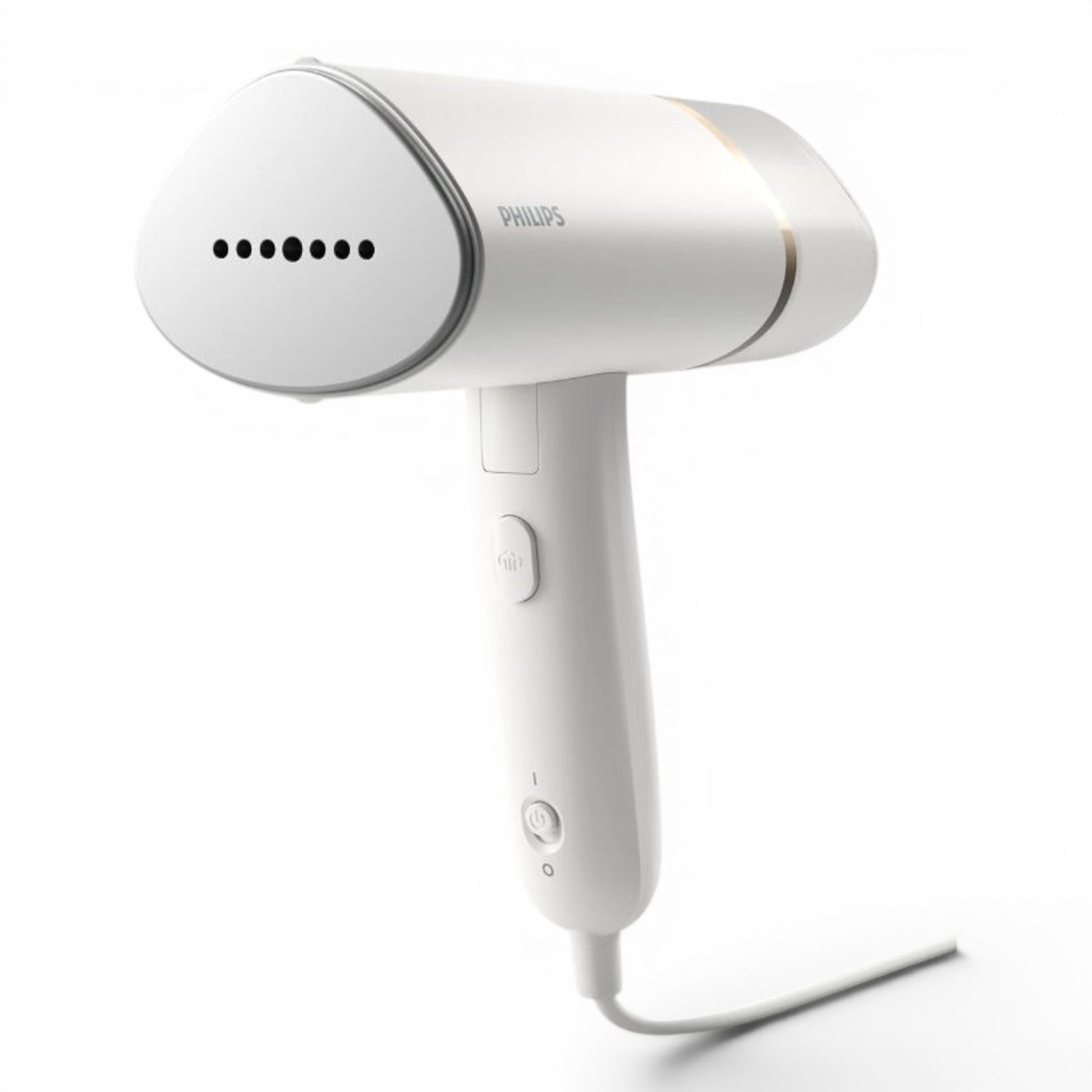 Taghareed Philips 3000 Series handheld garment steamer, white and gold, compact and foldable design for quick wrinkle removal.