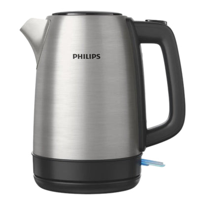 Taghareed Philips Daily Collection HD9350/92 stainless steel kettle with black handle and base, 1.7L capacity, 2200W.