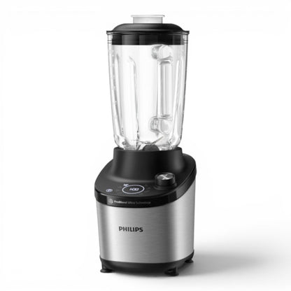 Taghareed Philips 7000 Series High Speed Blender HR3760/00 with 1500W motor, 2L glass jar, ProBlend Ultra Technology, and Quick Select Programs.