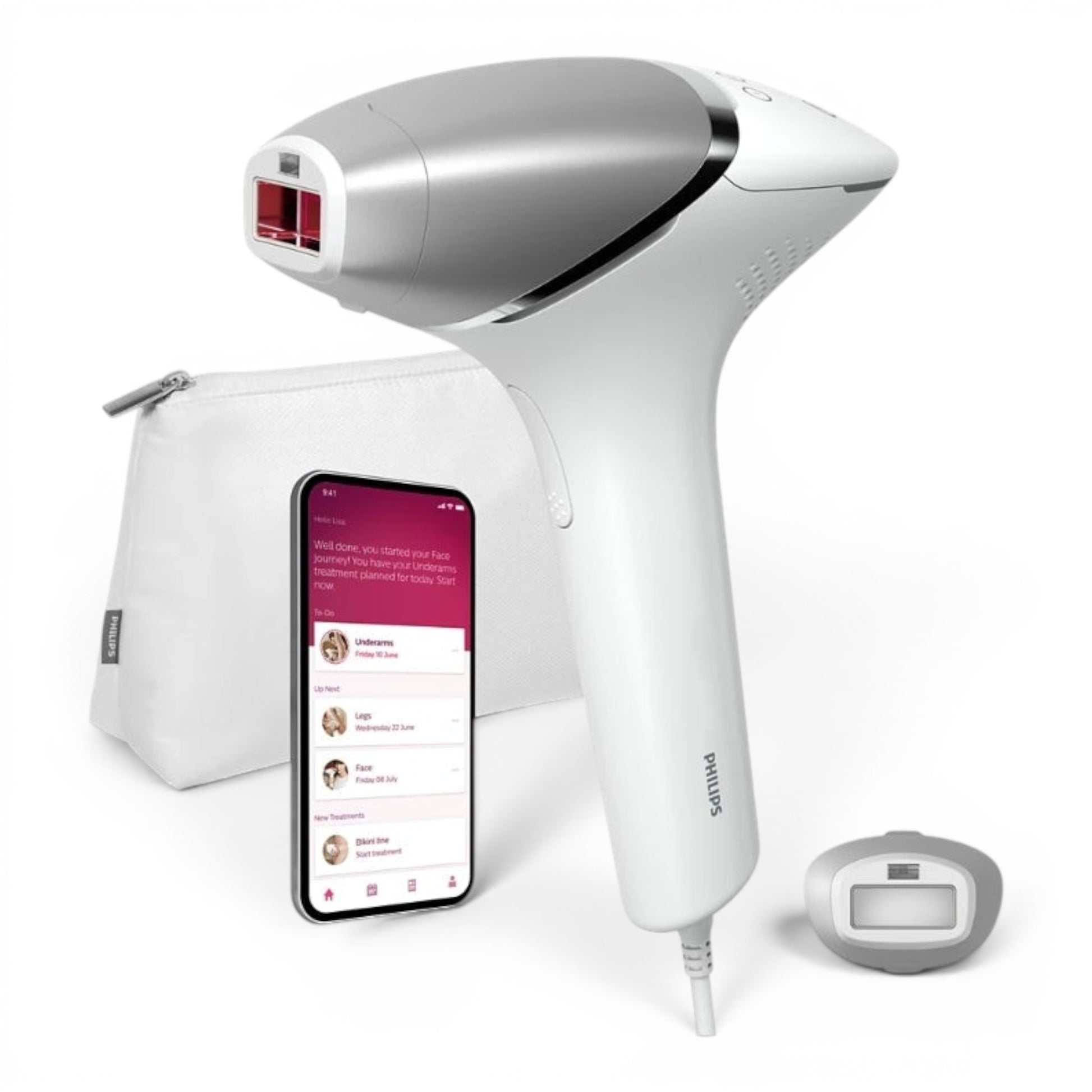 Taghareed Philips Lumea IPL 8000 Series BRI940/00 hair removal device with SenseIQ technology, body attachment, and app.