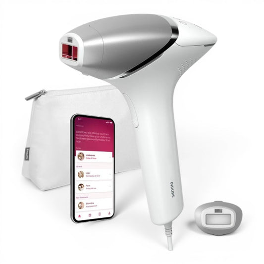 Taghareed Philips Lumea IPL 8000 Series BRI940/00 hair removal device with SenseIQ technology, body attachment, and app.