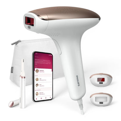 Taghareed Philips Lumea Advanced IPL 7000 Series BRI921/60 hair removal device with two attachments, a facial trimmer, and a smartphone app.