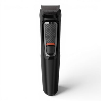 Taghareed Philips Multigroom Series 3000 MG3720/33 black 7-in-1 trimmer with self-sharpening steel blades and washable attachments.